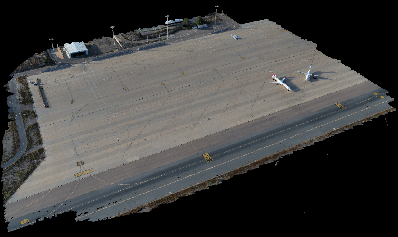 Three-dimensional survey of an airport apron showing terrain, buildings and lighting poles