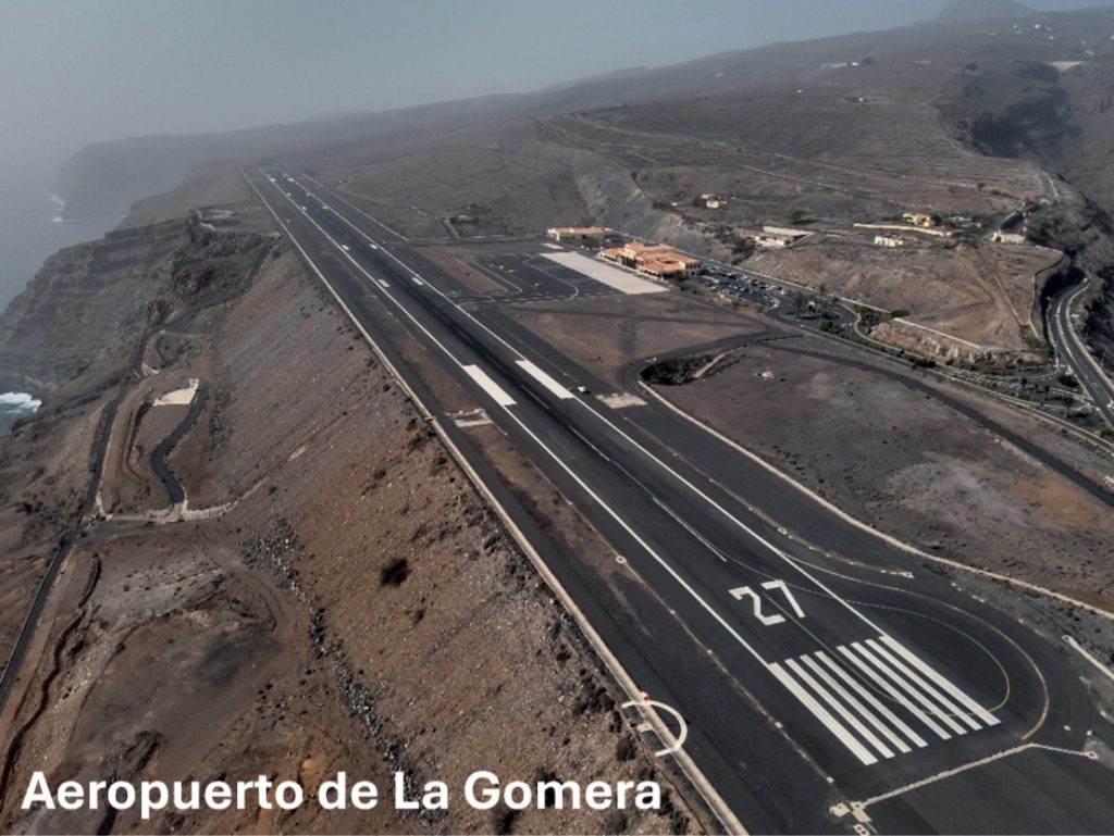Aerial view of La Gomera Airport runway alongside the Atlantic coast